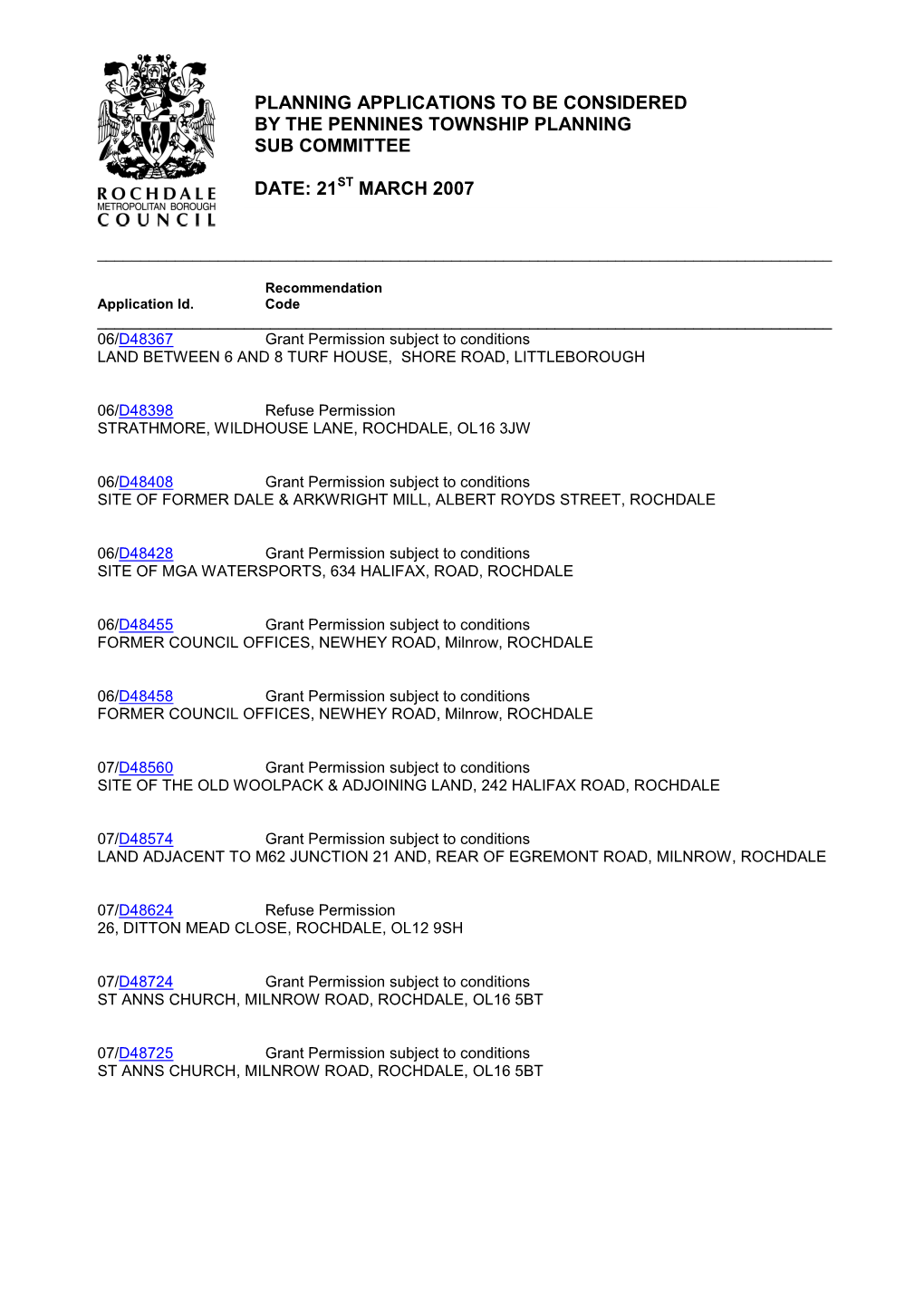 Planning Applications to Be Considered by the Pennines Township Planning Sub Committee Date: 21St March 2007