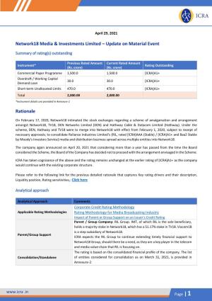 Network18 Media & Investments Limited – Update on Material Event Rationale