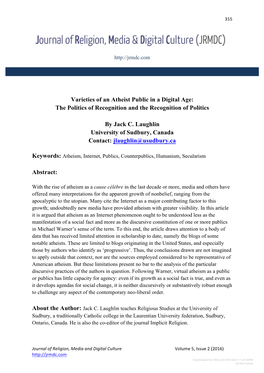Varieties of an Atheist Public in a Digital Age: the Politics of Recognition and the Recognition of Politics