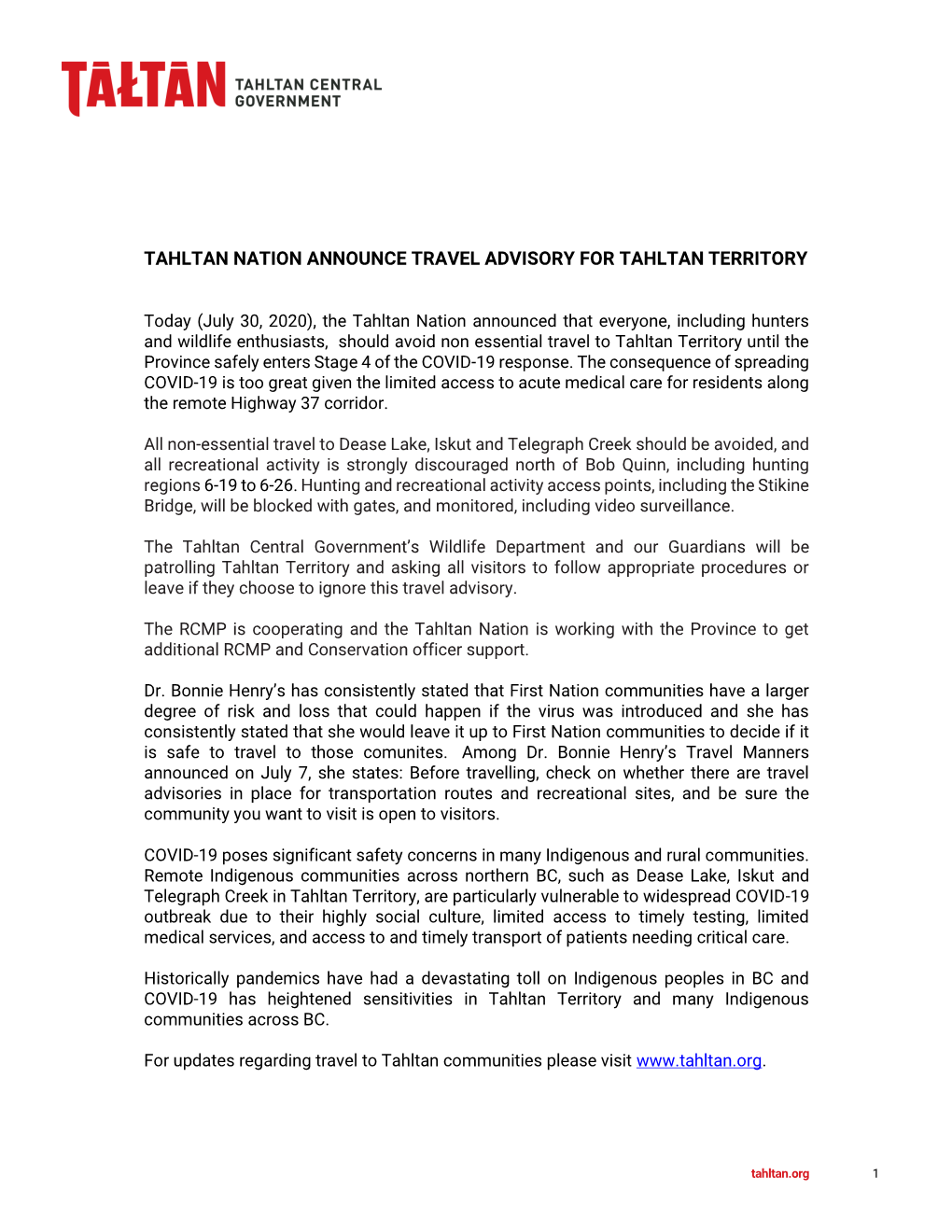 Tahltan Nation Announce Travel Advisory for Tahltan Territory