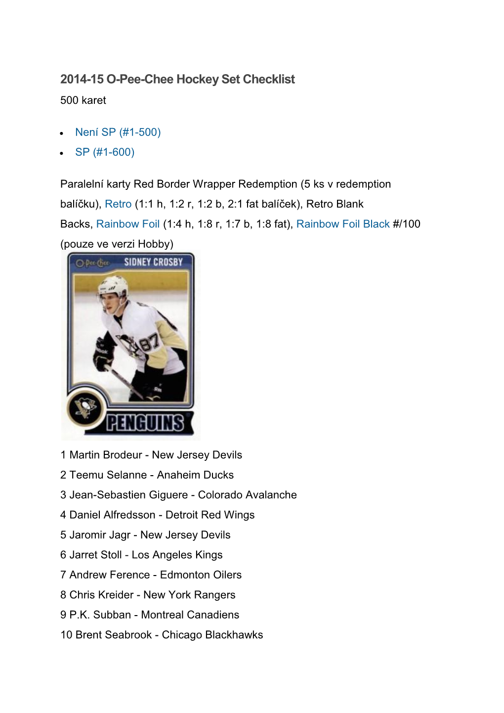 2014-15 O-Pee-Chee Hockey Set Checklist 500 Karet