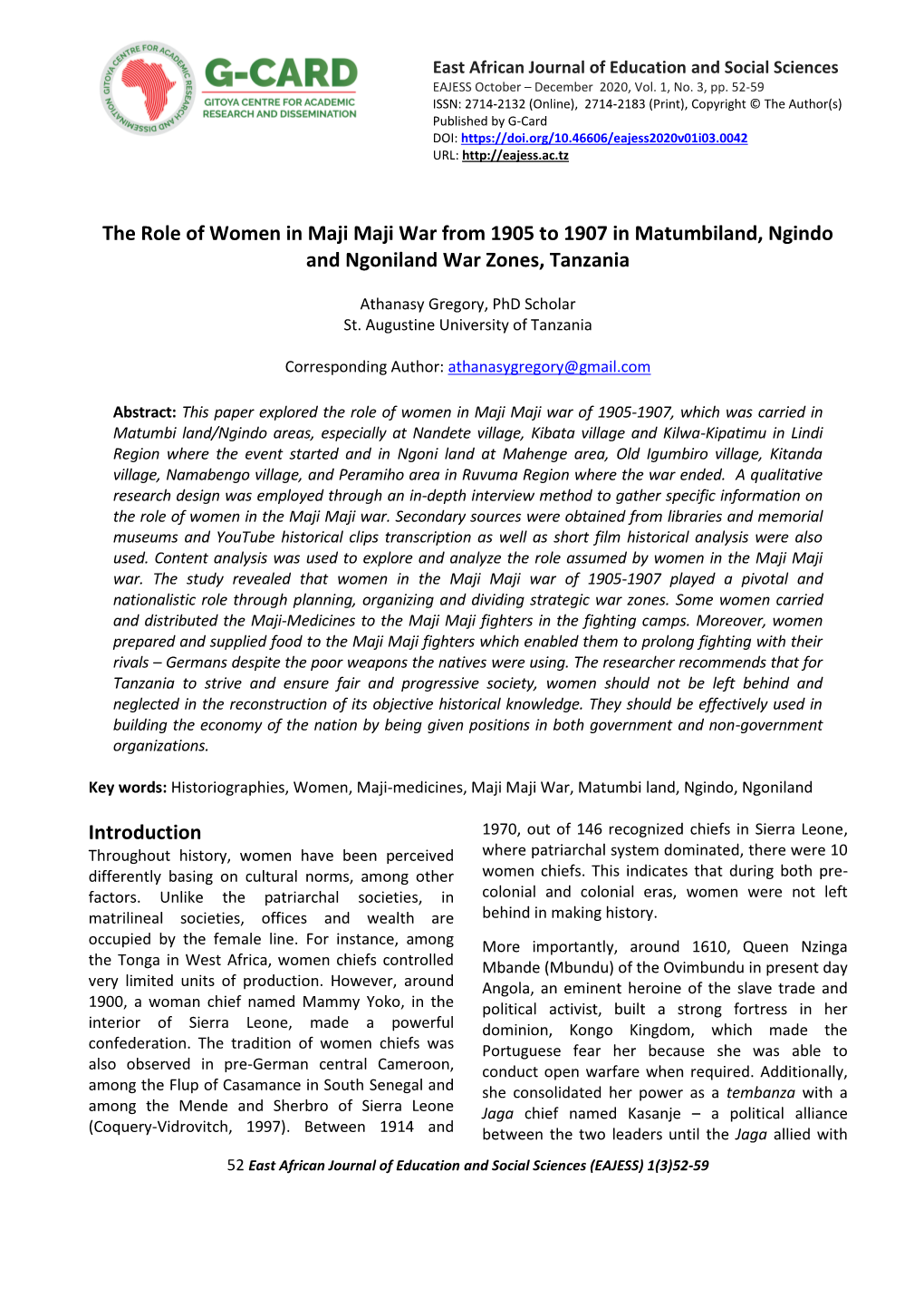 The Role of Women in Maji Maji War from 1905 to 1907 in Matumbiland, Ngindo and Ngoniland War Zones, Tanzania