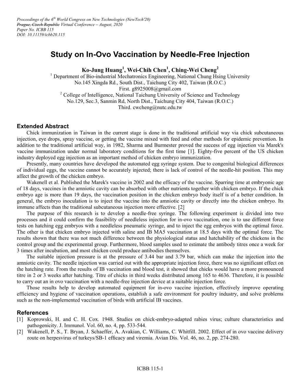 Study on In-Ovo Vaccination by Needle-Free Injection