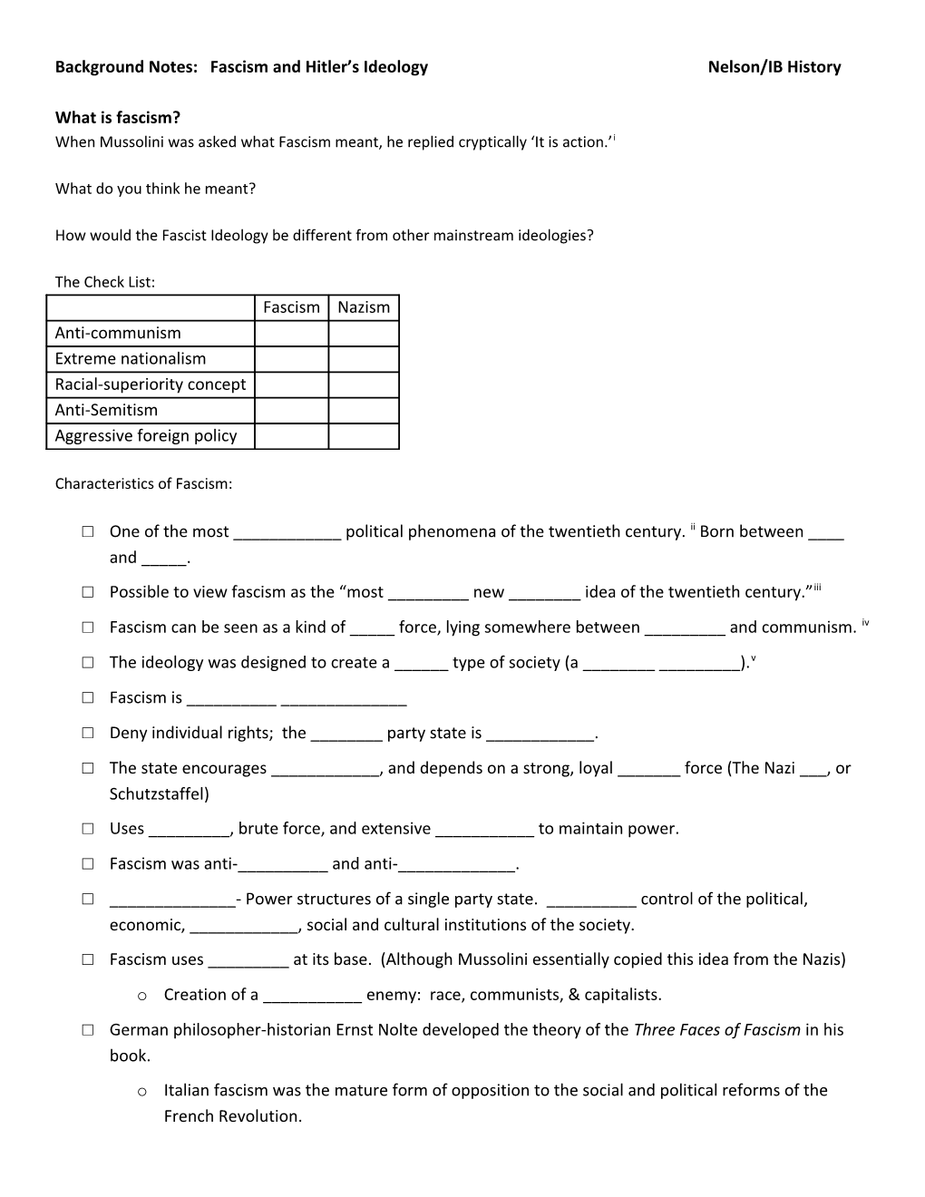 Background Notes: Fascism and Hitler S Ideology Nelson/IB History