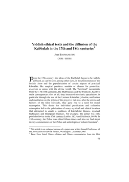 Yiddish Ethical Texts and the Diffusion of the Kabbalah in the 17Th and 18Th Centuries1