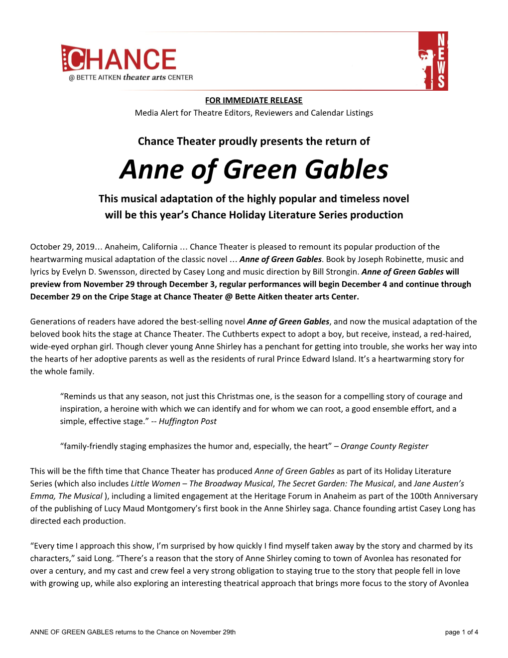 Anne of Green Gables This Musical Adaptation of the Highly Popular and Timeless Novel Will Be This Year’S Chance Holiday Literature Series Production