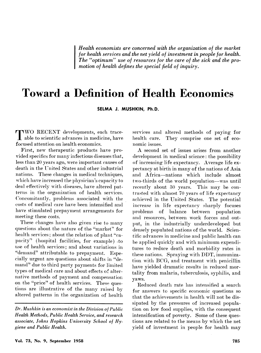 Toward a Definition of Health Eeonomies