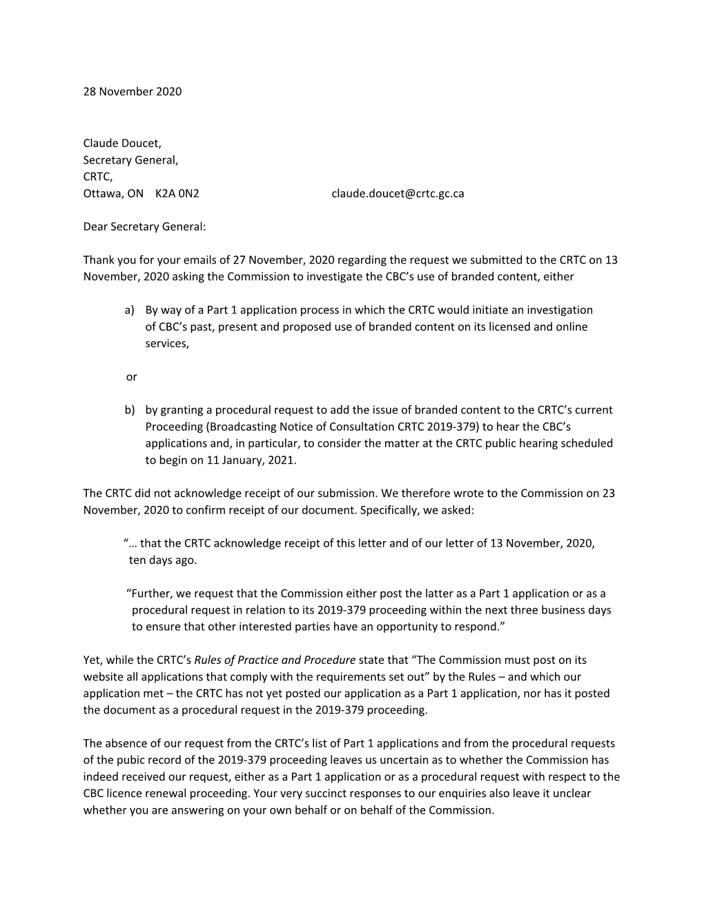 Letter from Former CBC Employees Asking CRTC to Acknowledge