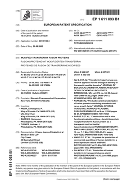 Modified Transferrin Fusion Proteins Fusionsproteine Mit Modifiziertem Transferrin Proteines De Fusion De Transferrine Modifiees