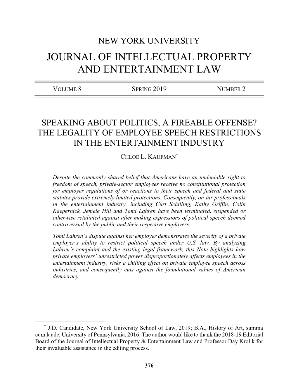 Journal of Intellectual Property and Entertainment Law