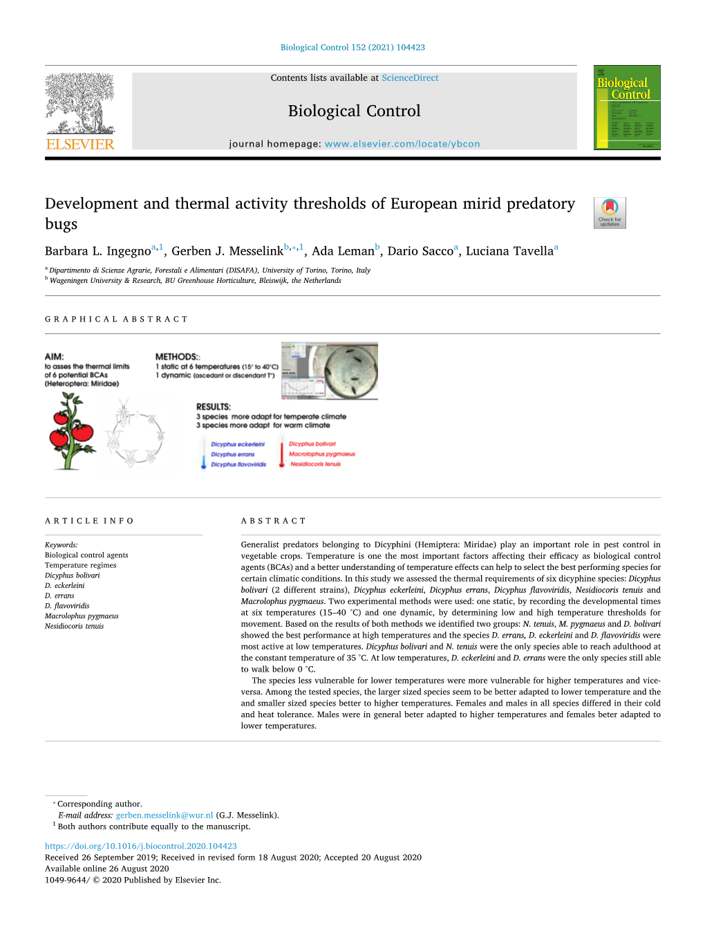 Development and Thermal Activity Thresholds of European Mirid Predatory T Bugs ⁎ Barbara L