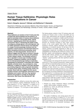 Human Tissue Kallikreins: Physiologic Roles and Applications in Cancer