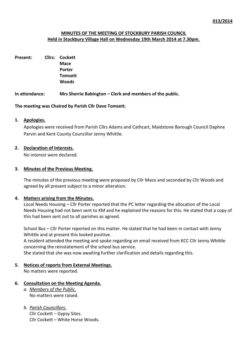 013/2014 Minutes of the Meeting of Stockbury