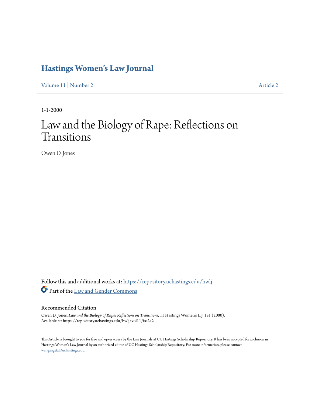 Law and the Biology of Rape: Reflections on Transitions Owen D