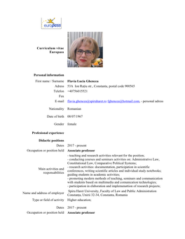 Curriculum Vitae Europass Personal Information First Name / Surname Flavia Lucia Ghencea Adress 53A Ion Rațiu Str., Constan