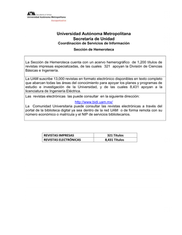 Universidad Autónoma Metropolitana Secretaría De Unidad Coordinación De Servicios De Información Sección De Hemeroteca