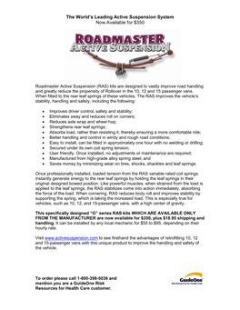 Roadmaster Active Suspension (RAS) Kits Are Designed to Vastly Improve Road Handling and Greatly Reduce the Propensity of Rollover in the 10, 12 and 15 Passenger Vans
