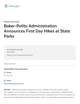 Baker-Polito Administration Announces First Day Hikes at State Parks