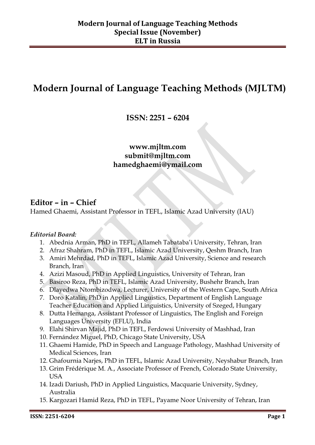 Modern Journal of Language Teaching Methods Special Issue (November) ELT in Russia