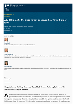 U.S. Officials to Mediate Israel-Lebanon Maritime Border Talks | the Washington Institute