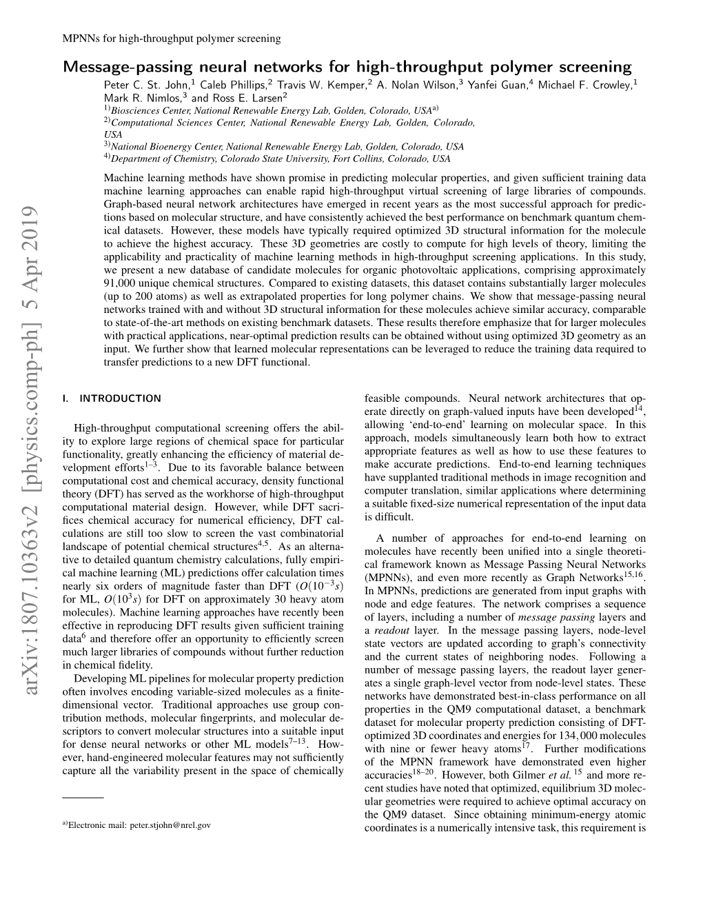 Message-Passing Neural Networks for High-Throughput Polymer Screening Peter C