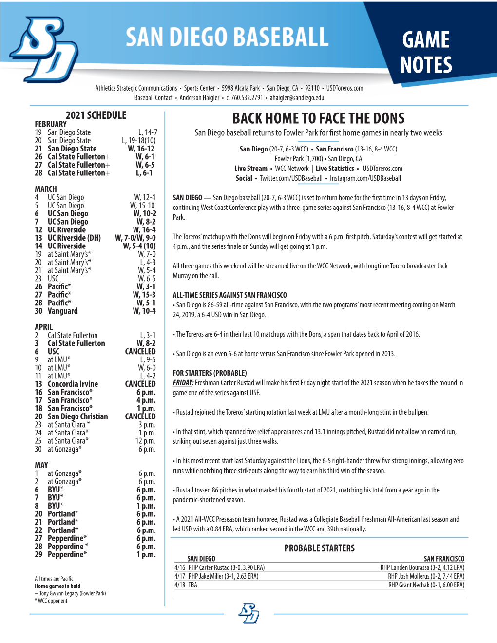 GAME NOTES Athletics Strategic Communications • Sports Center • 5998 Alcala Park • San Diego, CA • 92110 • Usdtoreros.Com Baseball Contact • Anderson Haigler • C