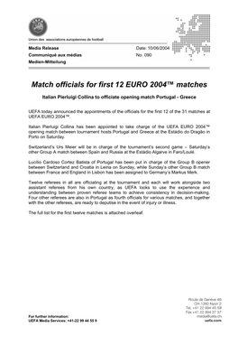 Match Officials for First 12 EURO 2004™ Matches