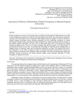 Assessment of Patterns of Readership of Online Newspapers in Selected Nigerian Universities