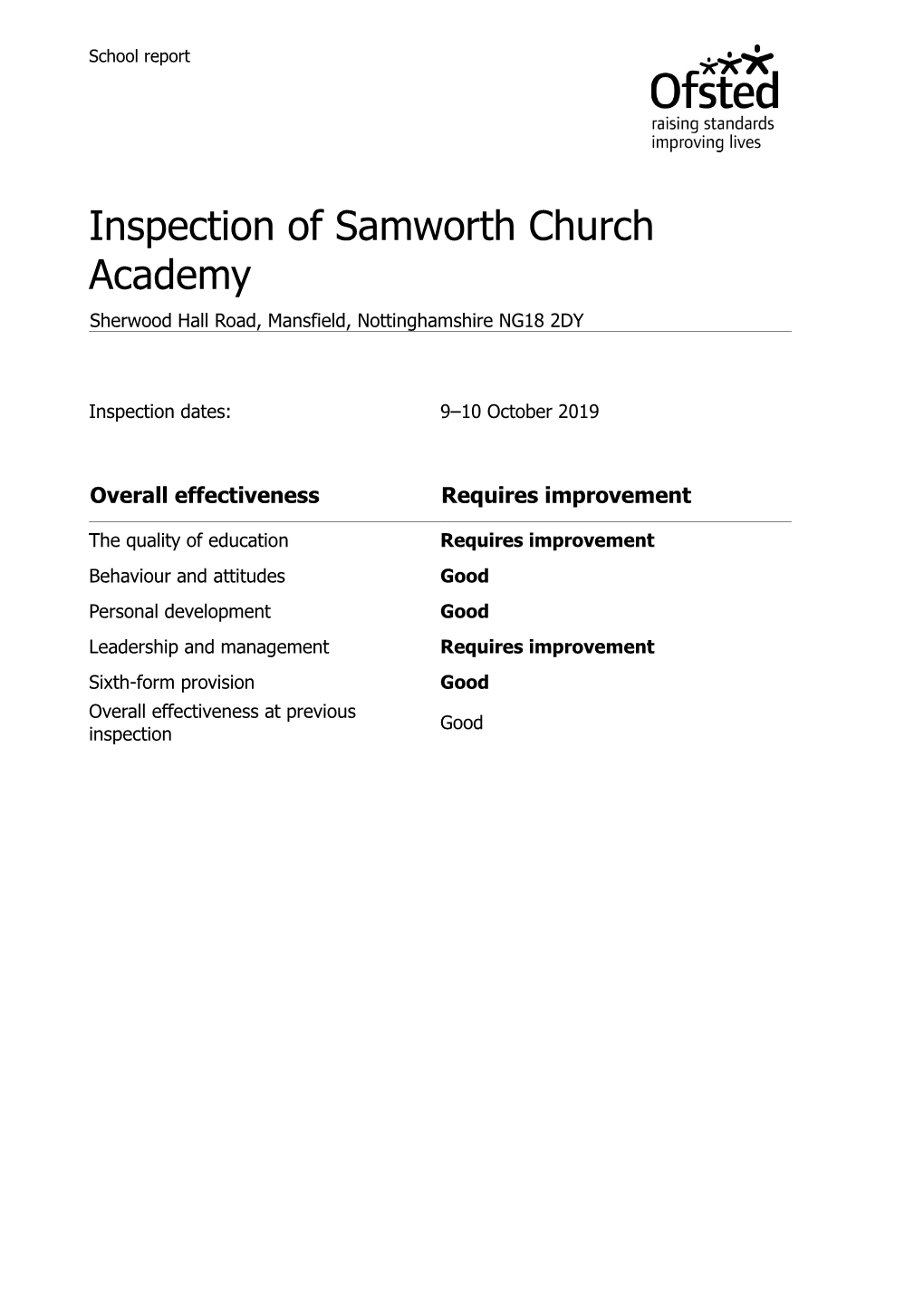 Inspection of Samworth Church Academy Sherwood Hall Road, Mansfield, Nottinghamshire NG18 2DY