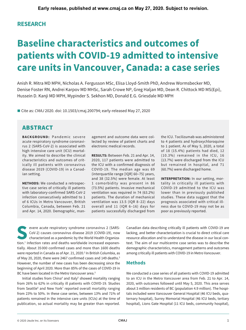 Baseline Characteristics and Outcomes of Patients with COVID-19 Admitted to Intensive Care Units in Vancouver, Canada: a Case Series