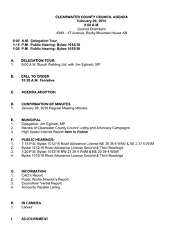 CLEARWATER COUNTY COUNCIL AGENDA February 09, 2016 9:00 A.M