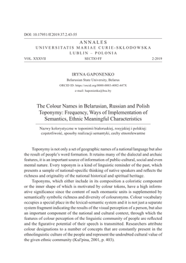 The Colour Names in Belarusian, Russian and Polish Toponymy: Frequency, Ways of Implementation of Semantics, Ethnic Meaningful Characteristics