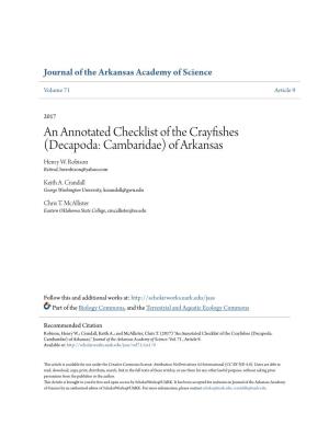 Decapoda: Cambaridae) of Arkansas Henry W