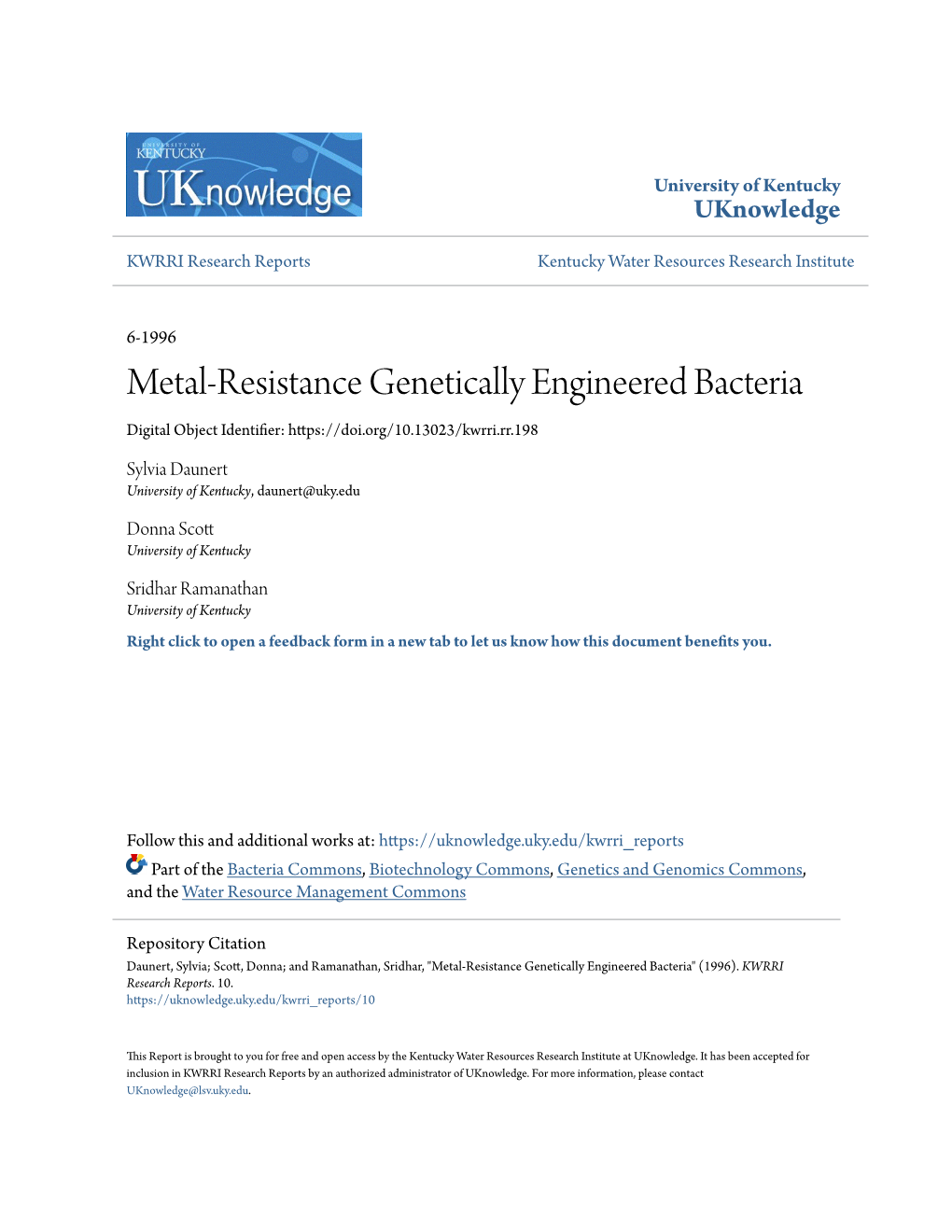 Metal-Resistance Genetically Engineered Bacteria Digital Object Identifier