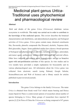 Medicinal Plant Genus Urtica- Traditional Uses Phytochemical and Pharmacological Review Abstract