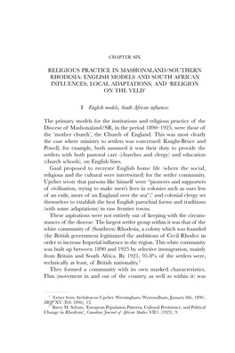 Religious Practice in Mashonaland/Southern Rhodesia: English Models and South African Influences; Local Adaptations; and ‘Religion on the Veld’