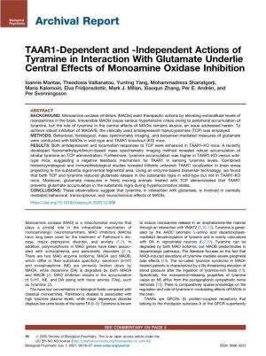 TAAR1-Dependent and -Independent Actions of Tyramine in Interaction with Glutamate Underlie Central Effects of Monoamine Oxidase Inhibition
