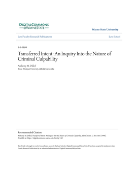 Transferred Intent: an Inquiry Into the Nature of Criminal Culpability Anthony M