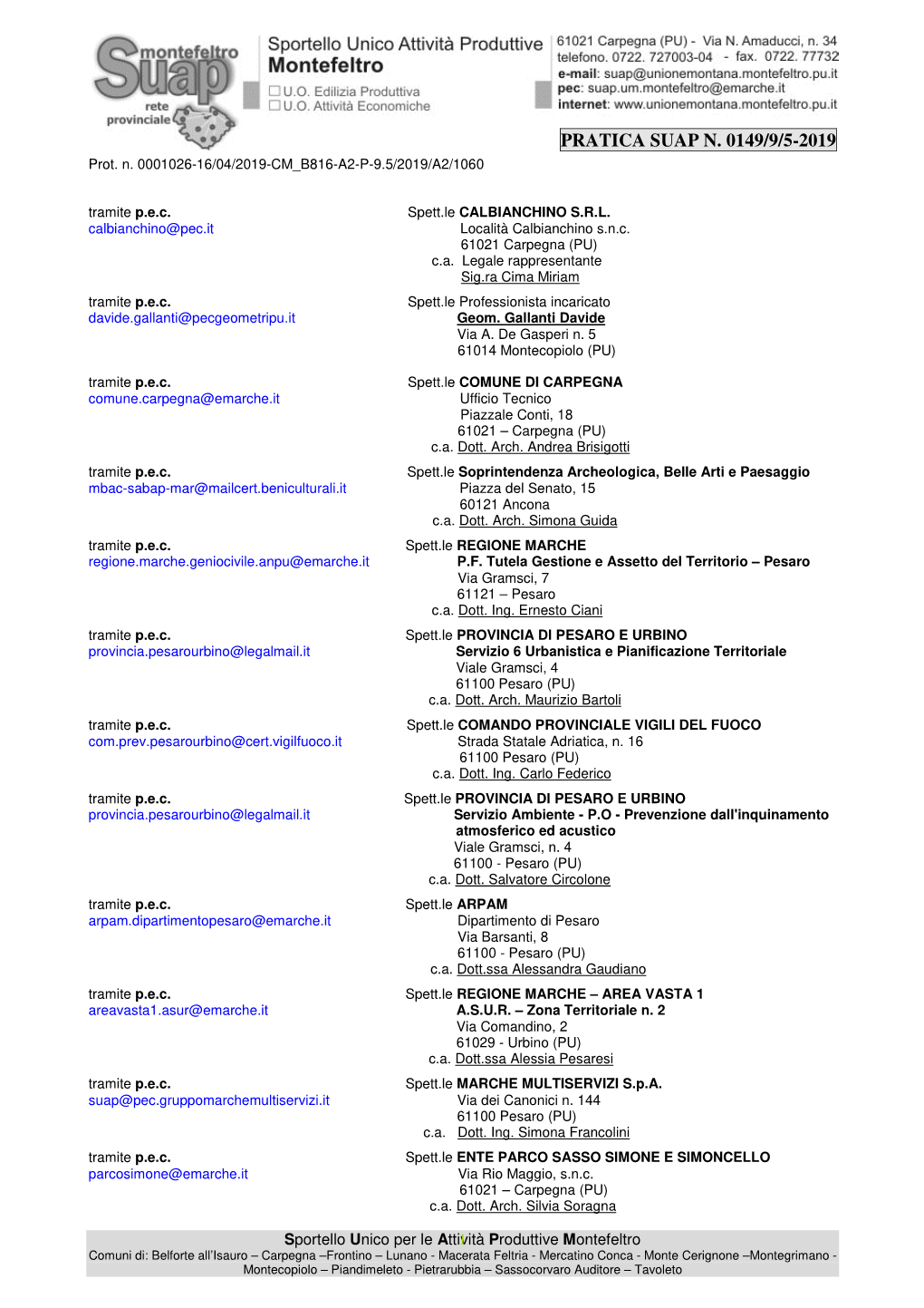 PRATICA SUAP N. 0149/9/5-2019 Prot