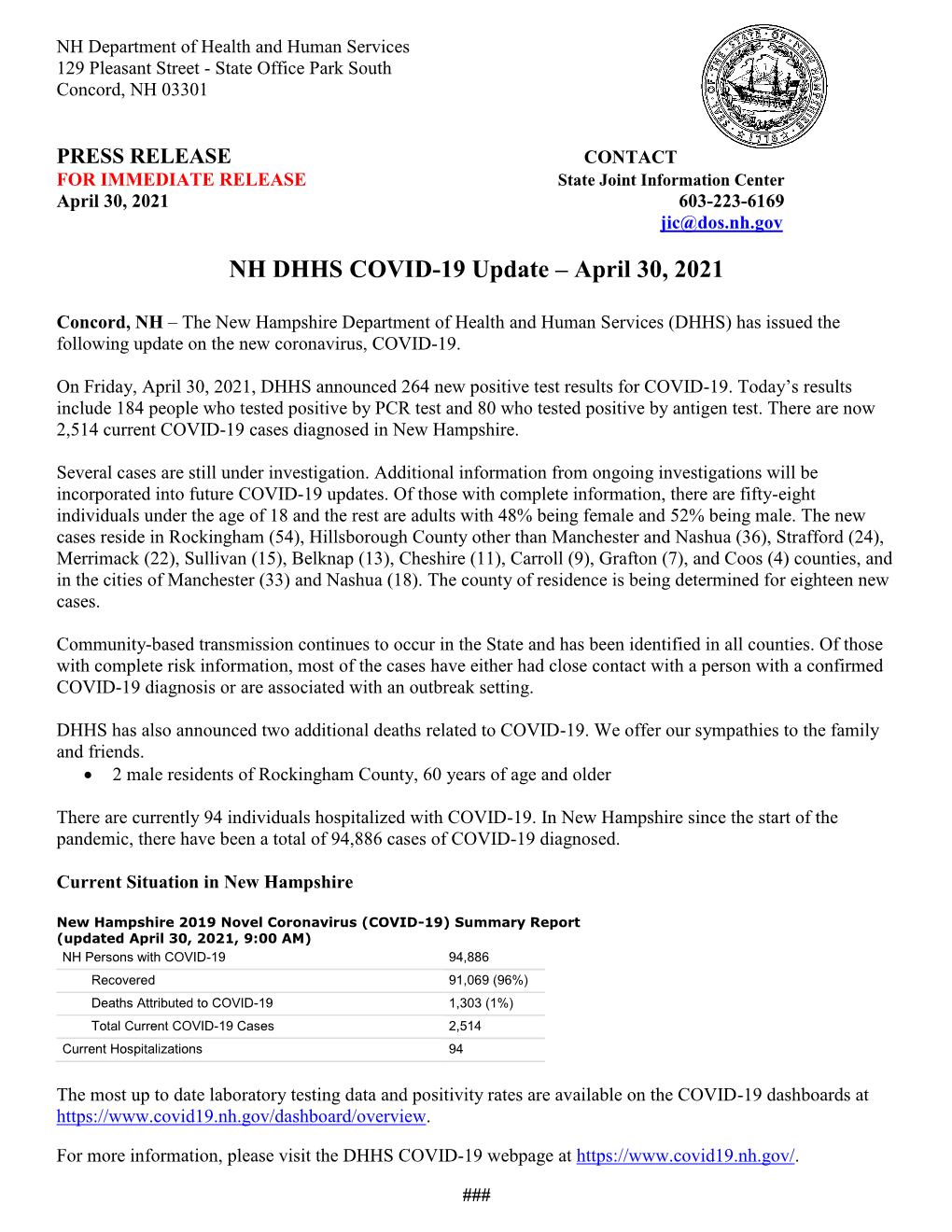 NH DHHS COVID-19 Update – April 30, 2021