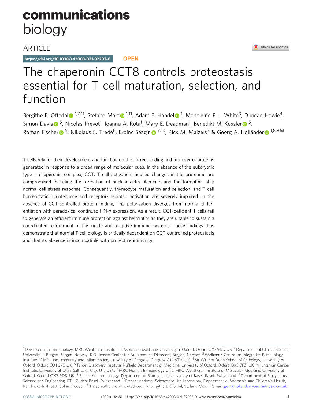 The Chaperonin CCT8 Controls Proteostasis Essential for T Cell Maturation, Selection, and Function