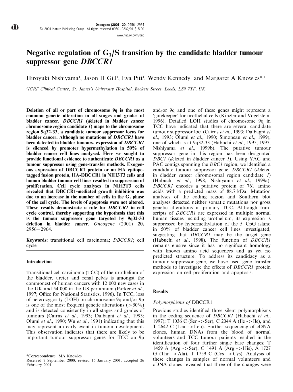 Negative Regulation of G1/S Transition by the Candidate Bladder Tumour Suppressor Gene DBCCR1