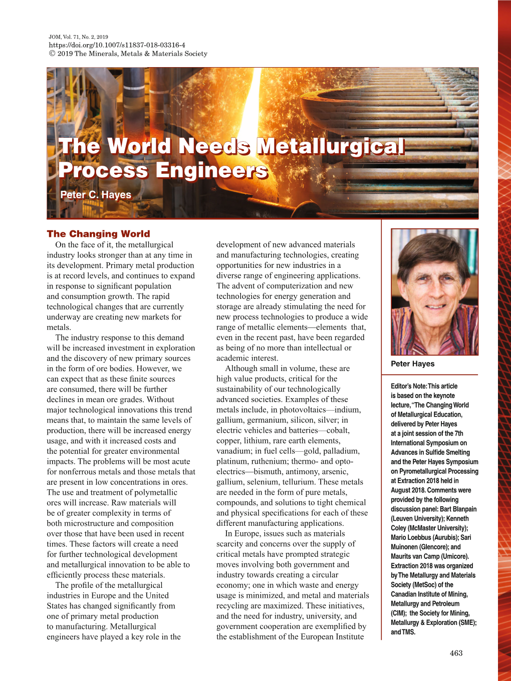The World Needs Metallurgical Process Engineers Peter C