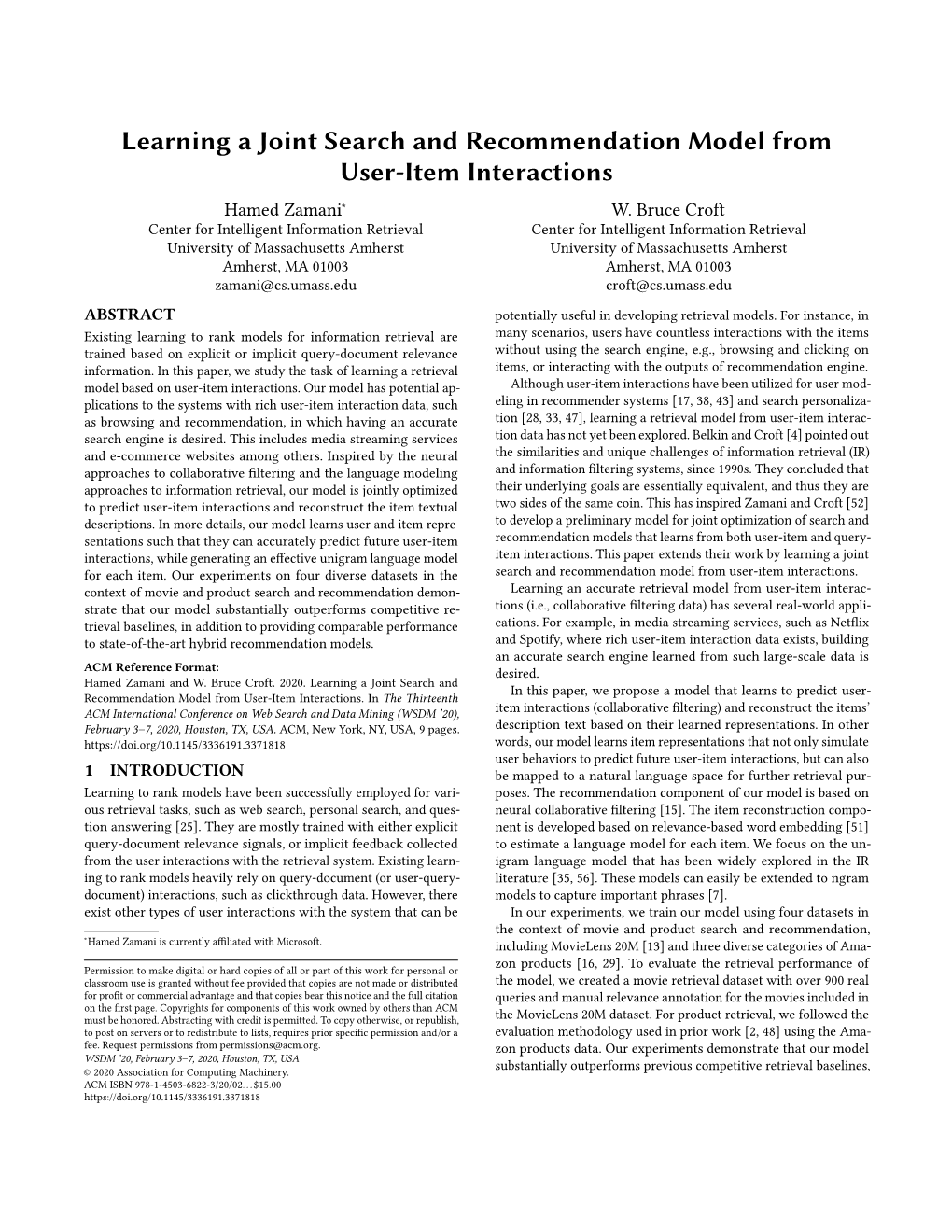 Learning a Joint Search and Recommendation Model from User-Item Interactions Hamed Zamani∗ W