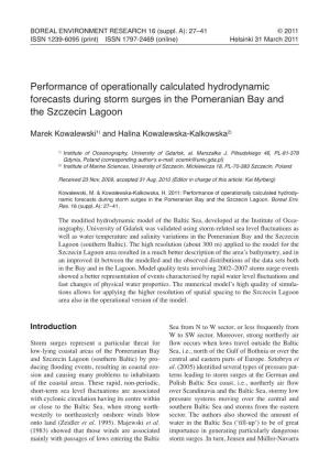 Performance of Operationally Calculated Hydrodynamic Forecasts During Storm Surges in the Pomeranian Bay and the Szczecin Lagoon