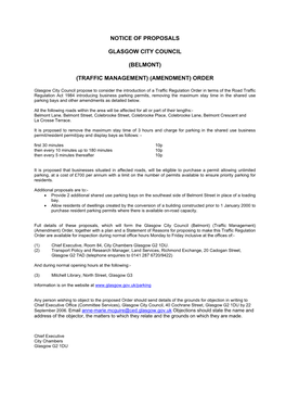 Notice of Proposals Glasgow City Council (Belmont) (Traffic