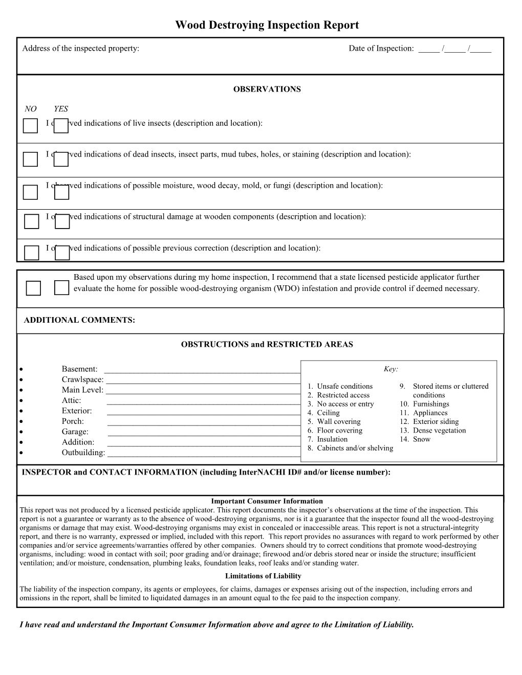 Wood Destroying Inspection Report