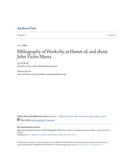 Bibliography of Works By, in Honor Of, and About John Victor Murra David Block University of Texas, Austin, Db10@Austin.Utexas.Edu