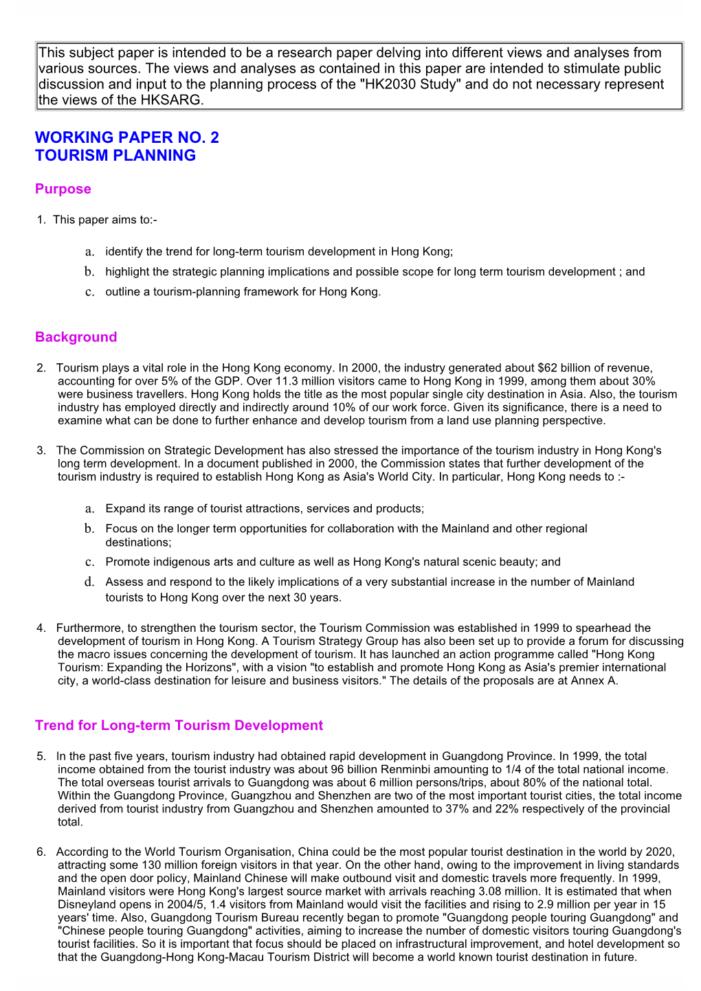 Working Paper No. 2 Tourism Planning