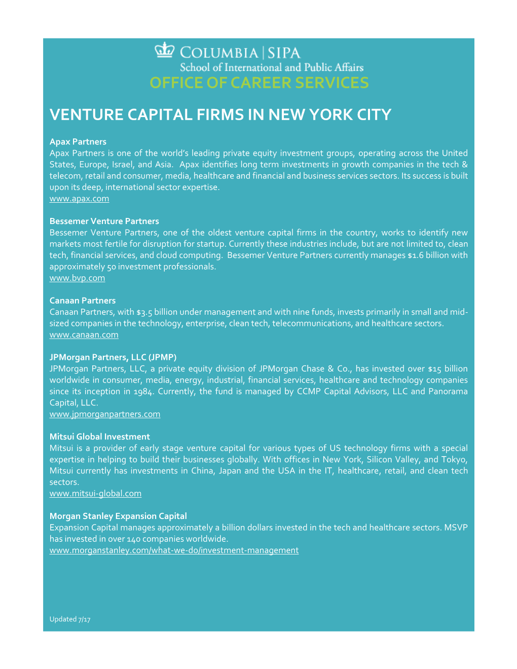 Office of Career Services Venture Capital Firms In